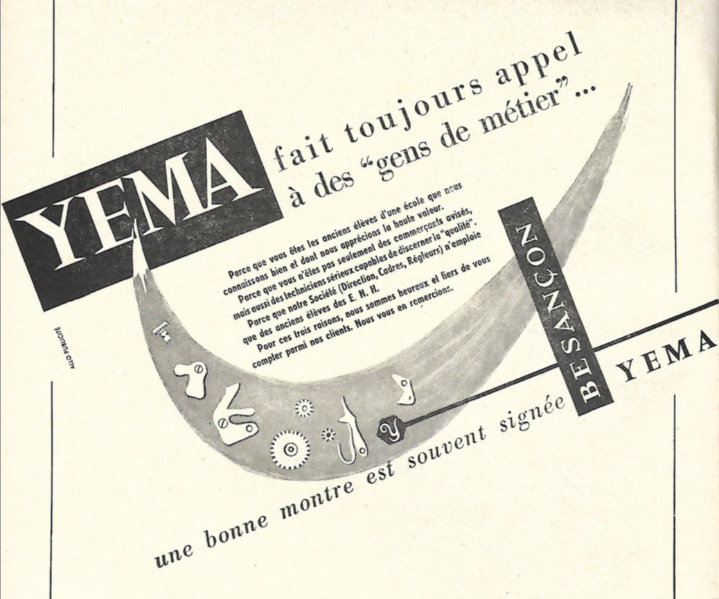 Histoire YEMA_"YEMA fait toujours appel à des gens de métier", publicité institutionnelle ciblée, insérée dans le n°42 du Bulletin de l'A.A.A.E., 1957