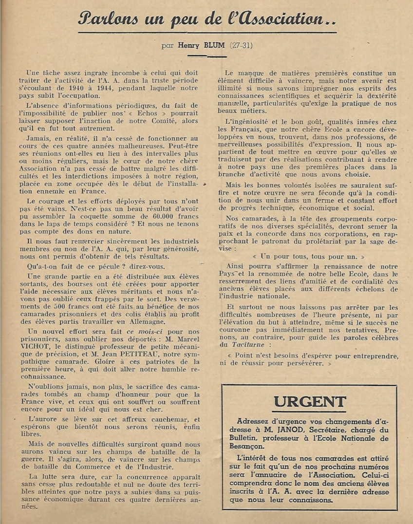Histoire YEM_Bulletin de l'A.A.A.E, 1945 n°1 - Avec l'aimable autorisation du service "Histoire" du Lycée Jules Haag