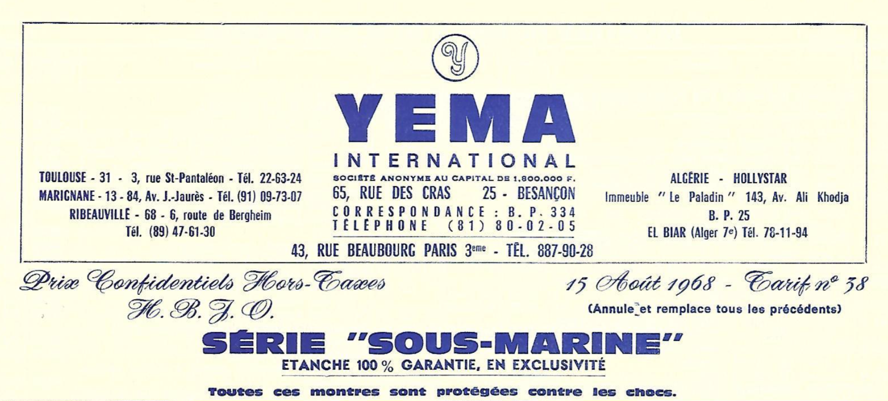 Histoire YEMA_Les adresses YEMA en 1968. En tête de grille tarifaire HBJO.