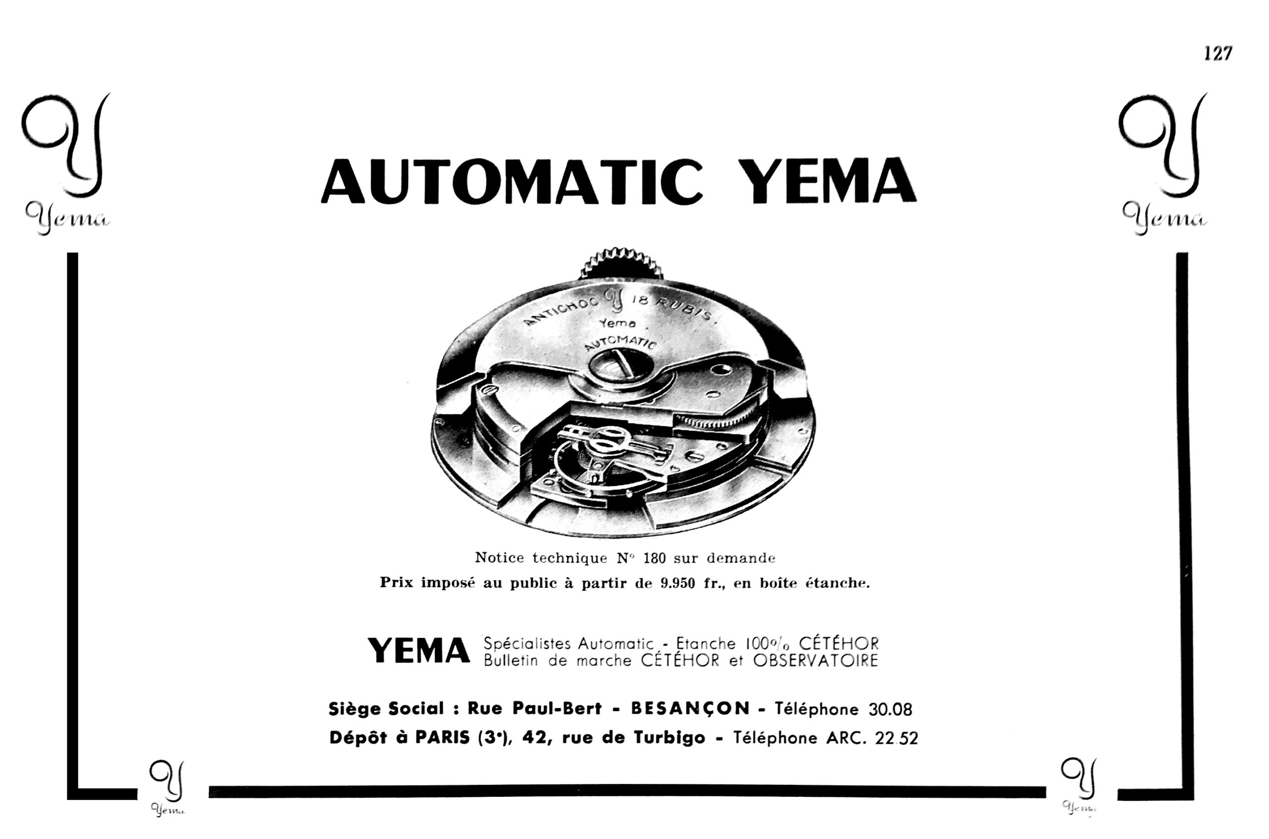 Publicité YEMA 1951 | Calibre 231 A in La France Horlogere - Septembre 1951. Crédit PJ Manfreo_01