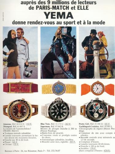 Publicité Yema 1969 | Paris Match et ELLE ; RDV Sport et Mode ; Meangraf ; Superman ; Yachtingraf