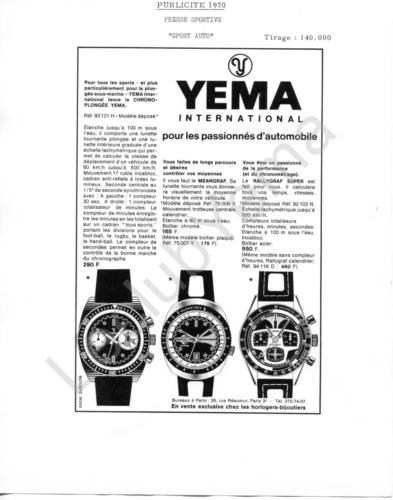Publicité YEMA 1970 | Encart Presse Sport Auto ; Chrono Plongée 93.121; Meangraf 75.006; Rallygraf Super 92.102